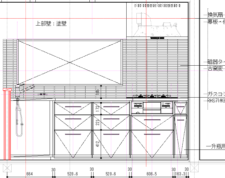 使い勝手と収納に合わせてミリ単位で設計した造作キッチンの図面